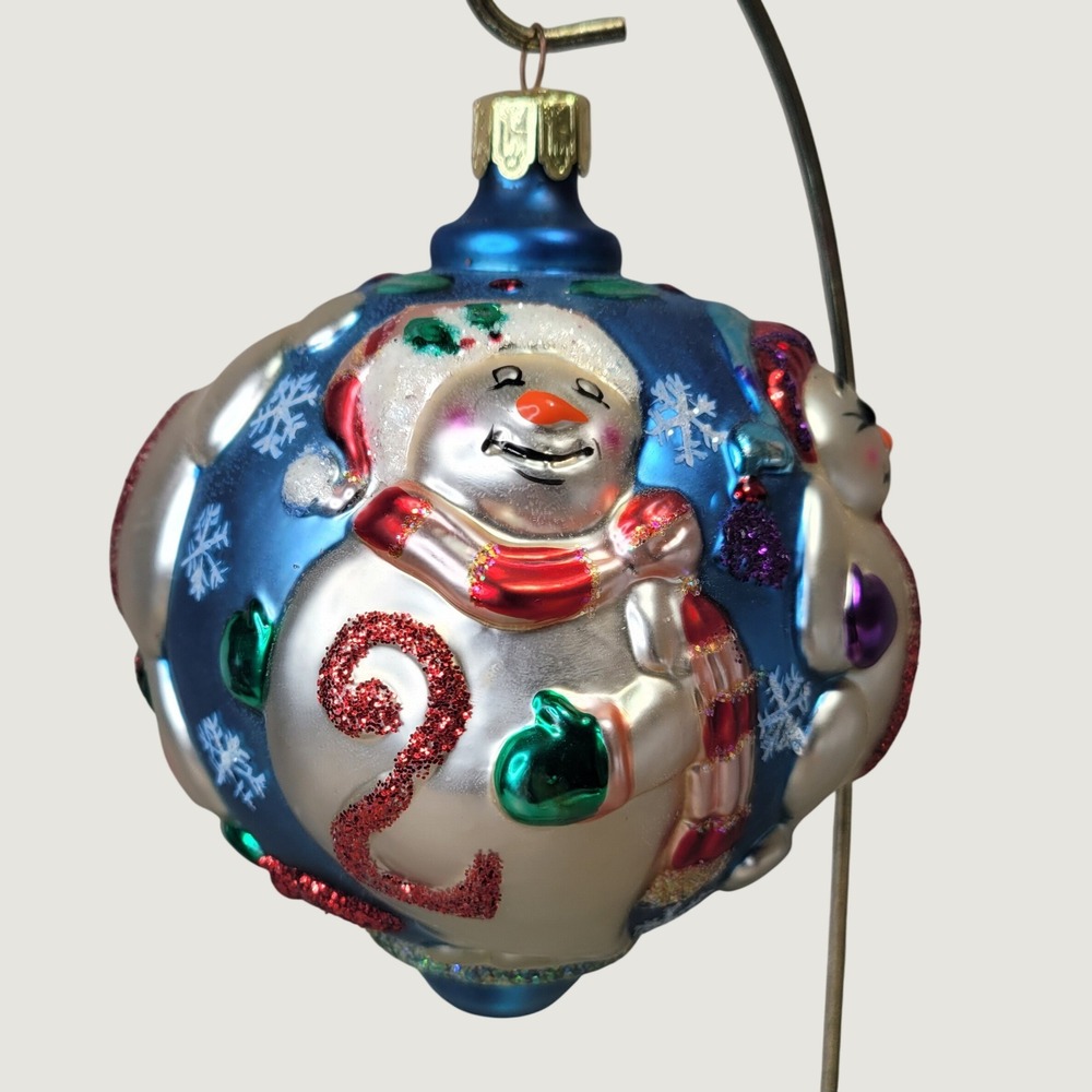 Santas Best Glass Snowman Christmas Ornament Blue Glitter Holiday 2000 VTG